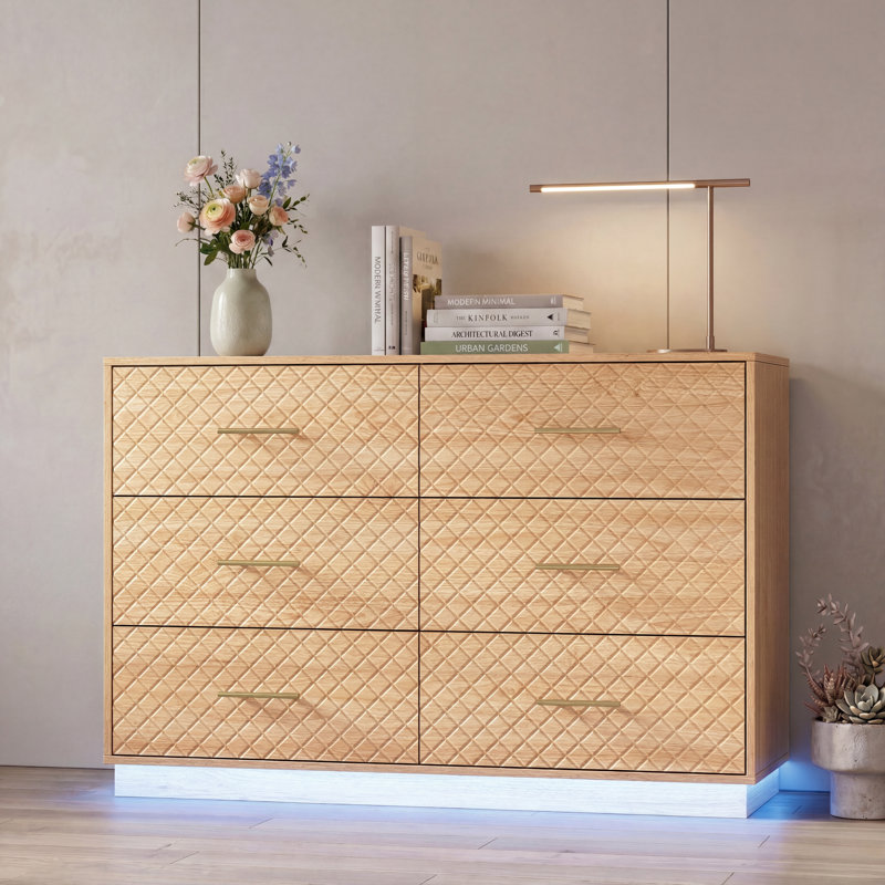 Commode double moderne à 6 tiroirs pour chambre à coucher, commode l 47 po avec panneau à losanges et lumière DEL, commode de rangement pour le salon