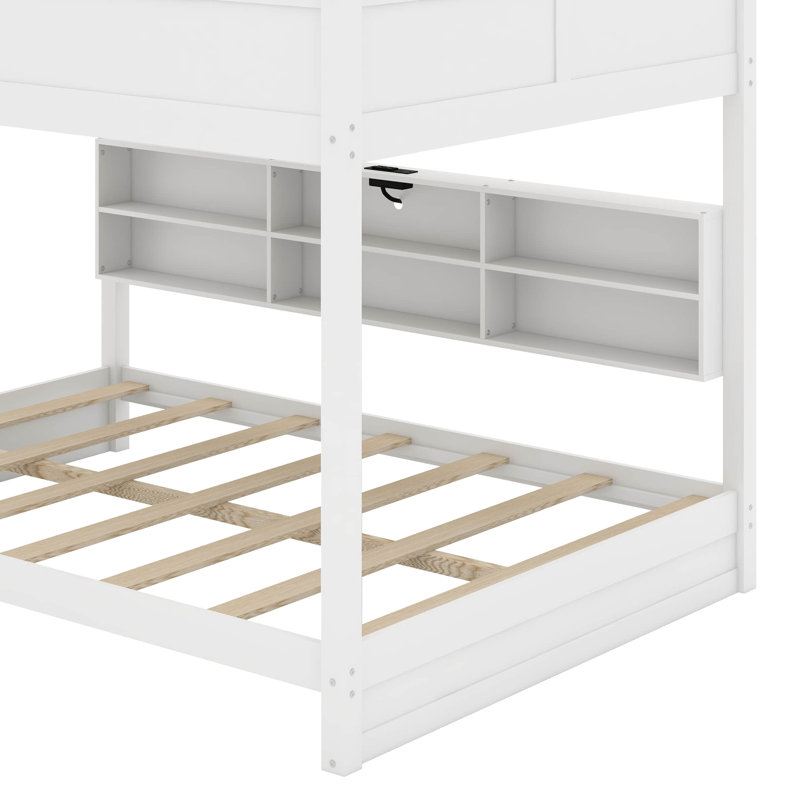 Queen Over Queen Bunk Bed With Cabinets And USB, White