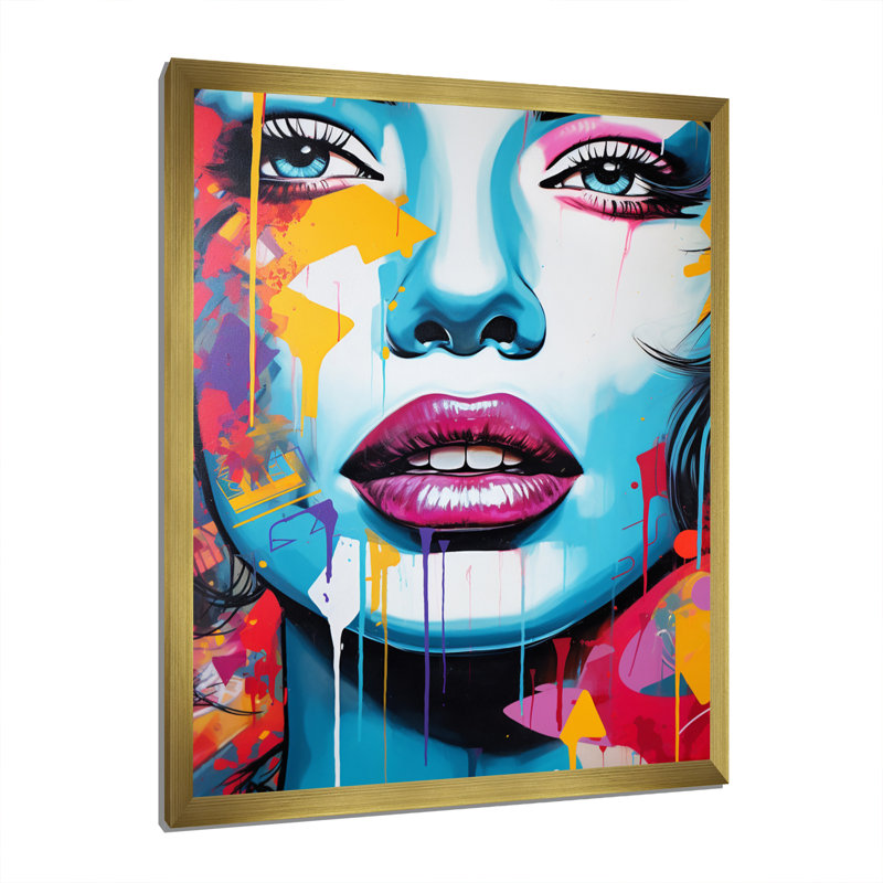 Pop Art bleu et orange, portrait de femme I - impressions d'art moderne, H 32 po x l 16 po x P 1 po, Encadrement doré