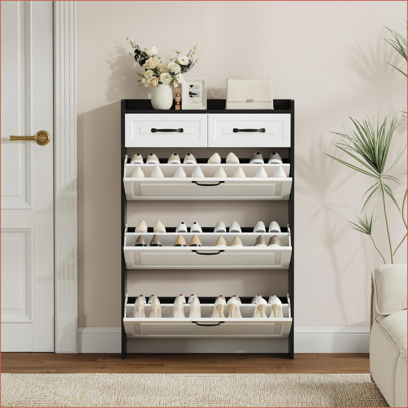 Shoe Cabinets, Black with 3 Flip Doors &amp; 2 Drawers, Large Storage | Minimalist | MDF/Particle Board