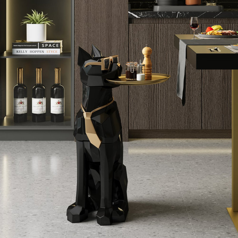 Modern Resin Dog Sculpture Cute End Table Side Table with Metal Storage Tray Tissue Box, Black