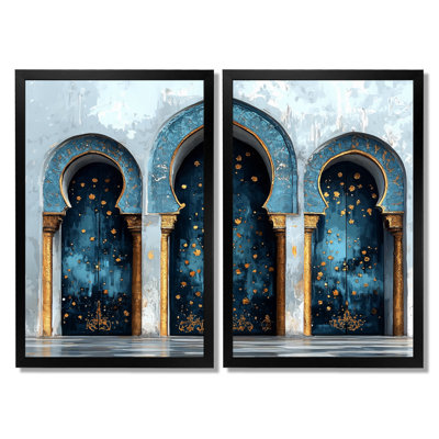 «Blue Rabat Kasbah Morocco Doors», ensemble de 2 reproductions d'art encadrées sur toile, paysages bleus du Maroc