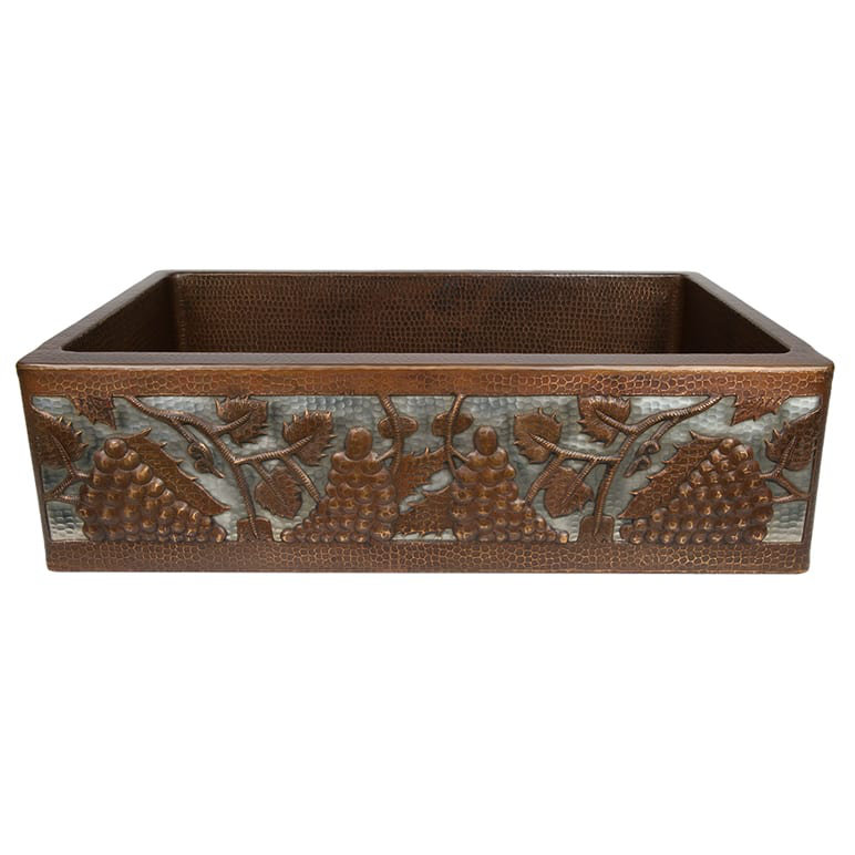 33" Hammered Copper Apron Front Single Basin Kitchen Sink w/ Vineyard Design and Nickel Background