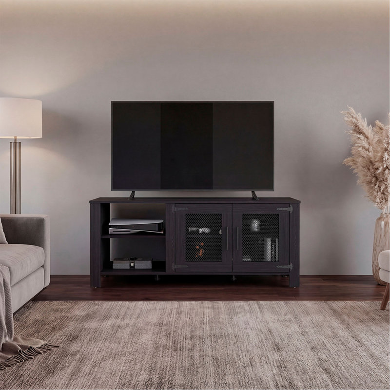 Meuble télé 65 po avec 5 tablettes ouvertes, 2 portes et console multimédia moderne pour le rangement dans le salon Freedom
