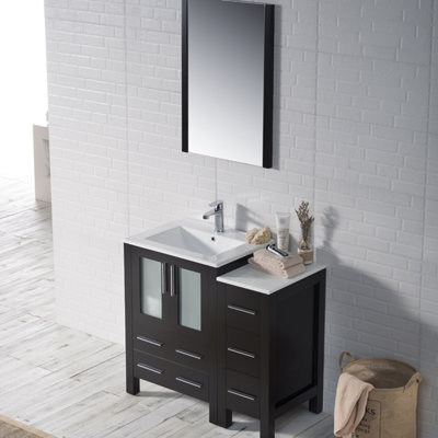 Meuble-lavabo simple 36 po Mance - Comptoir en céramique avec armoire latérale et miroir - Tiroirs de rangement, portes à fermeture douce - Armoire de salle de bain moderne pour petites et grandes salles de bain