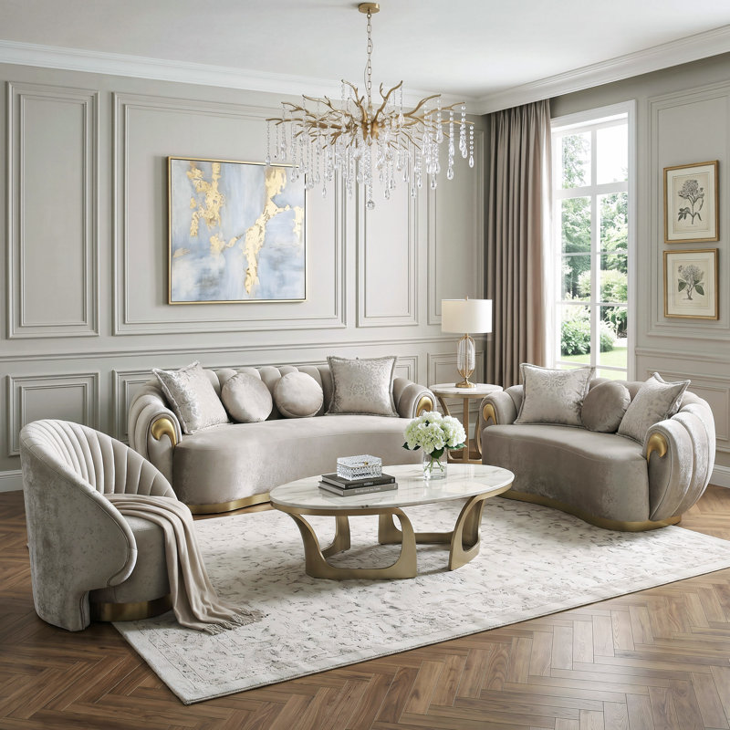Ensemble de canapé incurvé 3 pièces avec base plinthe et coussins décoratifs Ingemar, 3 Pieces: Loveseat, Sofa, Chair