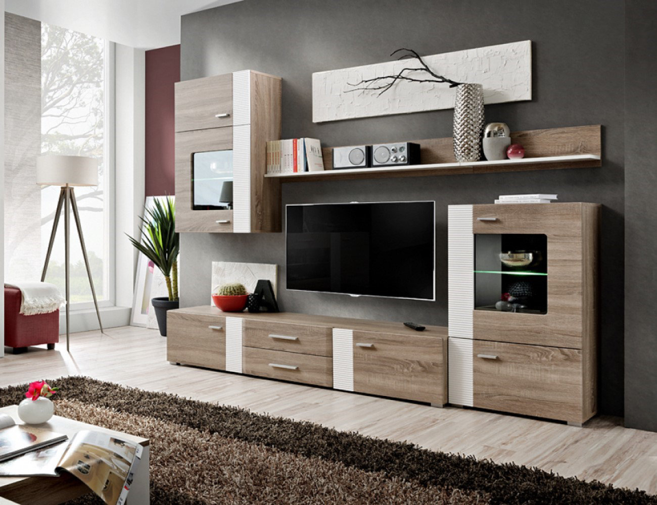 Modern White Gloss And Oak Wall Entertainment Unit With Storage And Led Lights