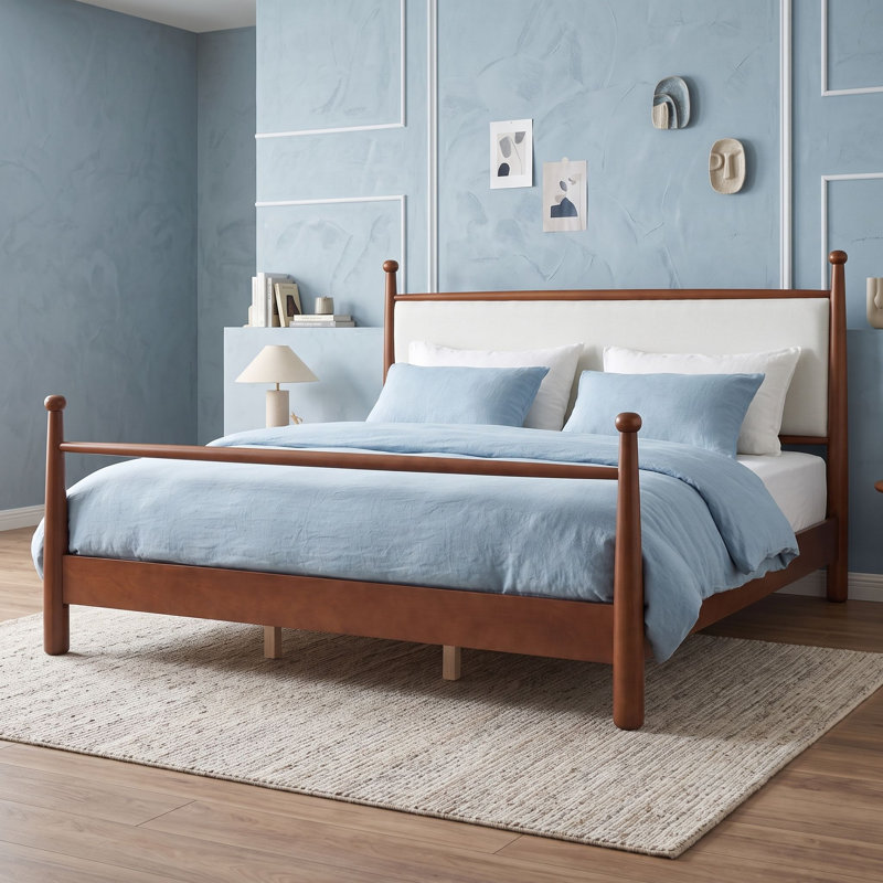 Base de lit plateforme en bois avec tête de lit tapissier et lattes, pieds, Très grand lit