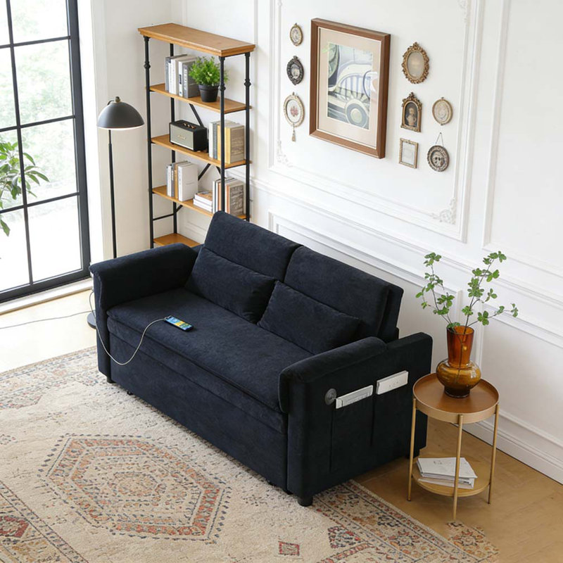 Canapé-lit coulissant 55 po à deux places en velours, dossier réglable avec ports USB, Noir