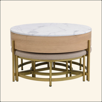 MDF Round Lift-Top Coffee Table with Storage & 3 Ottomans - Modern Space-Saving Design for Living Room