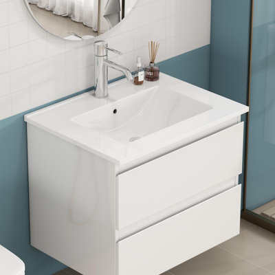 24-Inch White Ceramic Bathroom Sink,Compatible With 32-Inch Vanities,Pre-Drilled Faucet Hole,Space-Saving Design,Easy To Clean