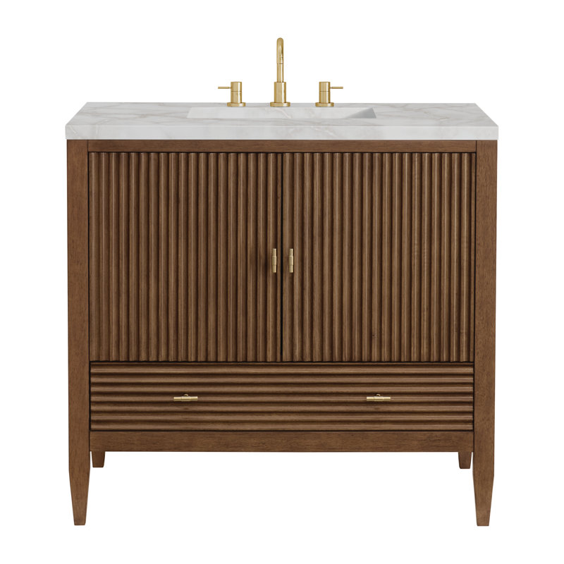 Myrrin 36'' W Single Vanity, Victorian Silver Silestone, Mid-Century Walnut, 8" Widespread