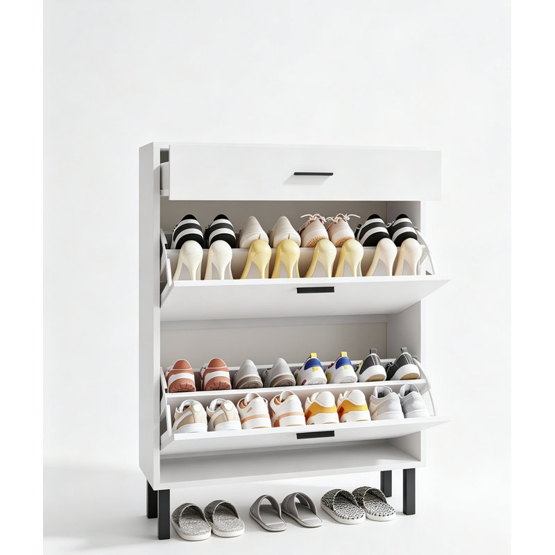 3-Tier Shoe Storage Cabinet w/ 2 Flip Drawers, Freestanding Entryway Organizer w/Adjustable Shelves, Hidden Shoe Rack, White