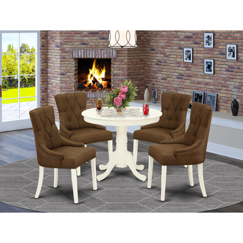 5 Piece Dining Room Table Set Includes a Round Kitchen Table with Pedestal and 4 Brown Linen Linen Fabric Parson Dining Chairs, Linen White 