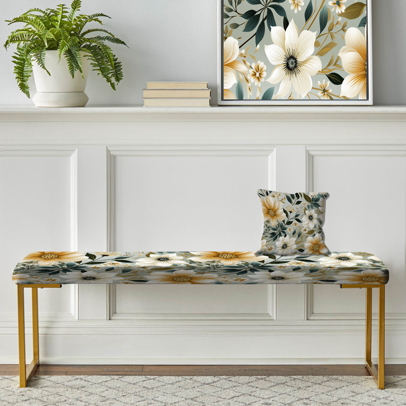 Floral Upholstered Gold Bench, Zen Floral Fusion