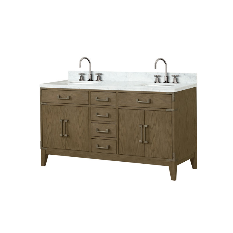 Laurel 60 in W x 22 in D Double Bath Vanity Top & Faucet Set, White Carrara Marble, Gray Oak
