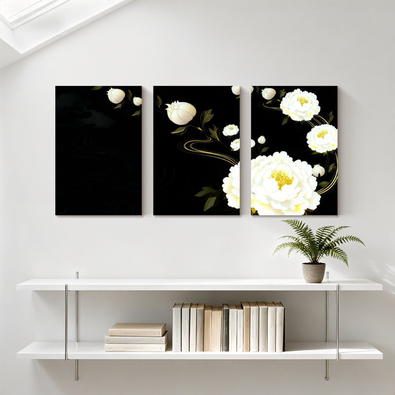 Pivoine fleurs blanches sur fond noir avec accents dorés, ensemble de 3 impressions sur toile, H 24 po x l 48 po