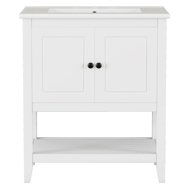 White 30" Modern Bathroom Vanity with Ceramic Sink and Solid Wood Frame