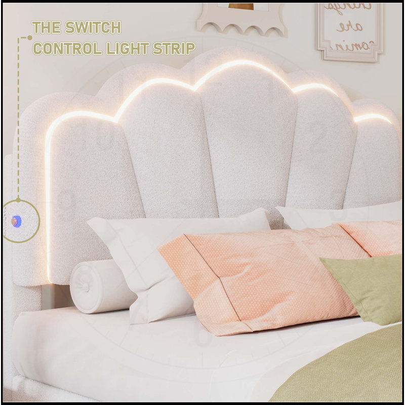 Twin Size Flower-Shaped Upholstered LED Platform Bed with Storage Ottoman, White Sherpa Fabric, Elegant and Functional
