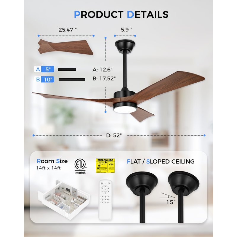 Ventilateur de plafond 52 po à 3 pales en bois de ferme avec luminaire à intensité variable, 3 couleurs à DEL, moteur CC réversible à 6 vitesses, minuterie, intérieur extérieur
