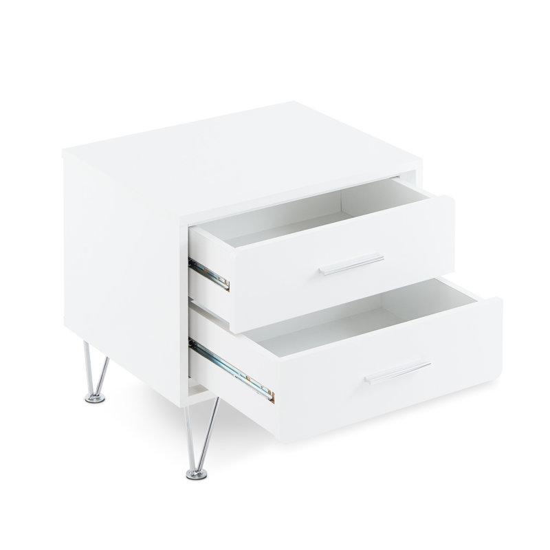 Table de chevet rectangulaire à 2 tiroirs en bois blanc avec pieds en métal