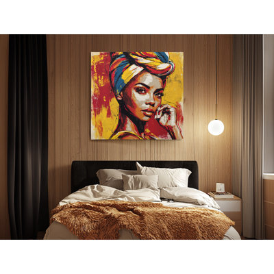 Reproduction de peinture «Vibrant Woman with Turban Abstract Portrait», reproduction d'art moderne sur toile colorée pour le salon, jaune et rouge