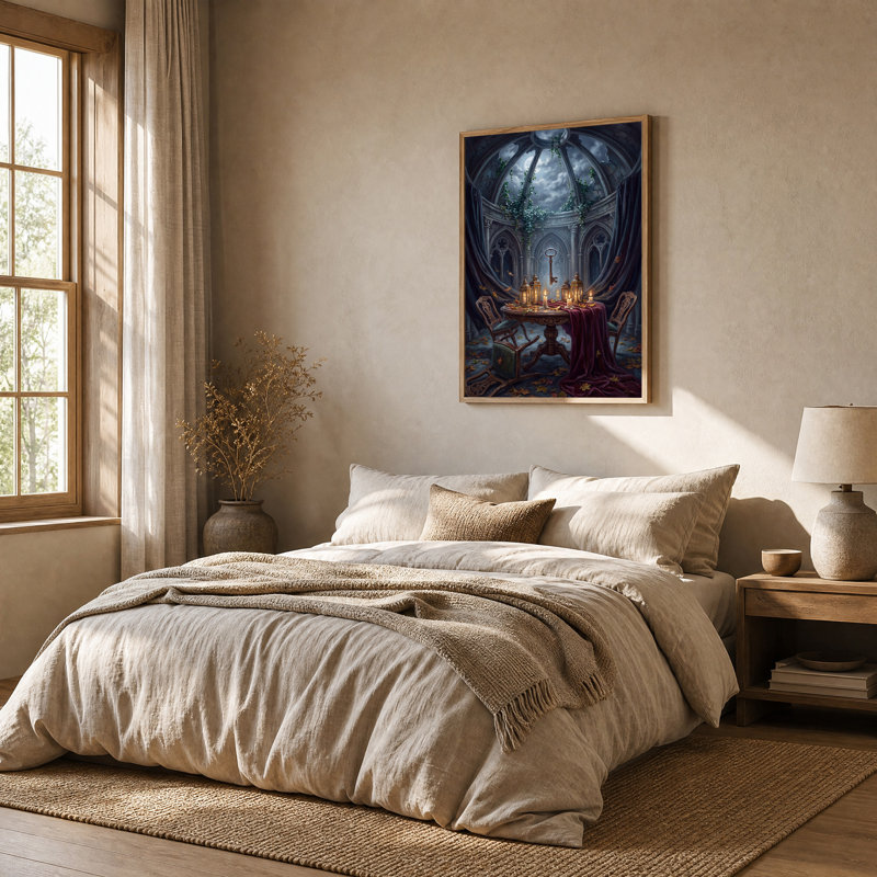 «Floating Key and Lanterns in Moonlit Gothic Dome», art mural, H 36 po x l 24 po
