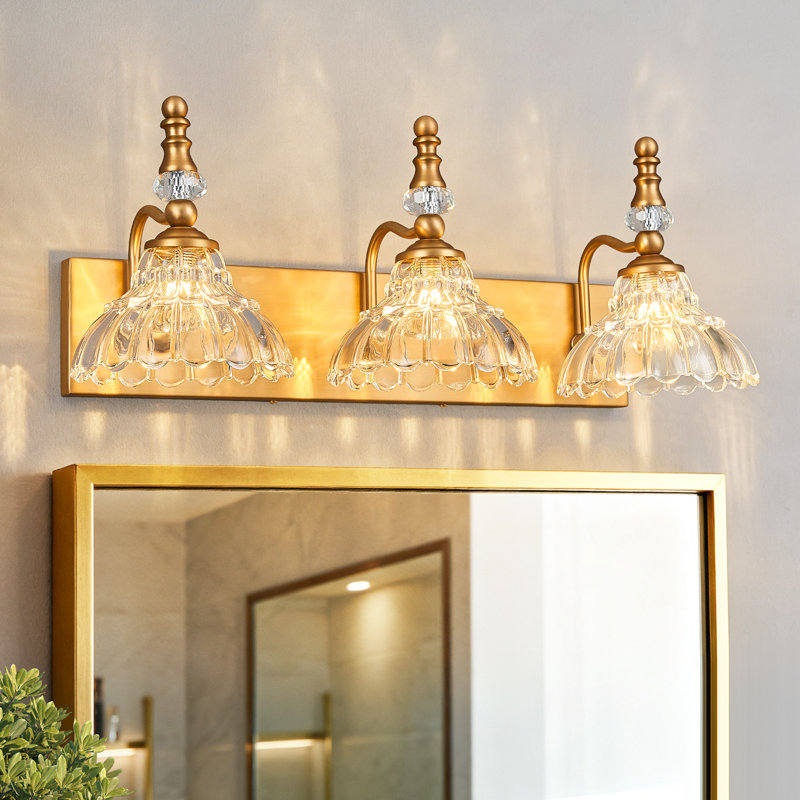 4-Light Vintage Chrome Vanity Light, Flower Glass Shade Bathroom Over Mirror Lighting Fixture, Laiton, Trois lumières