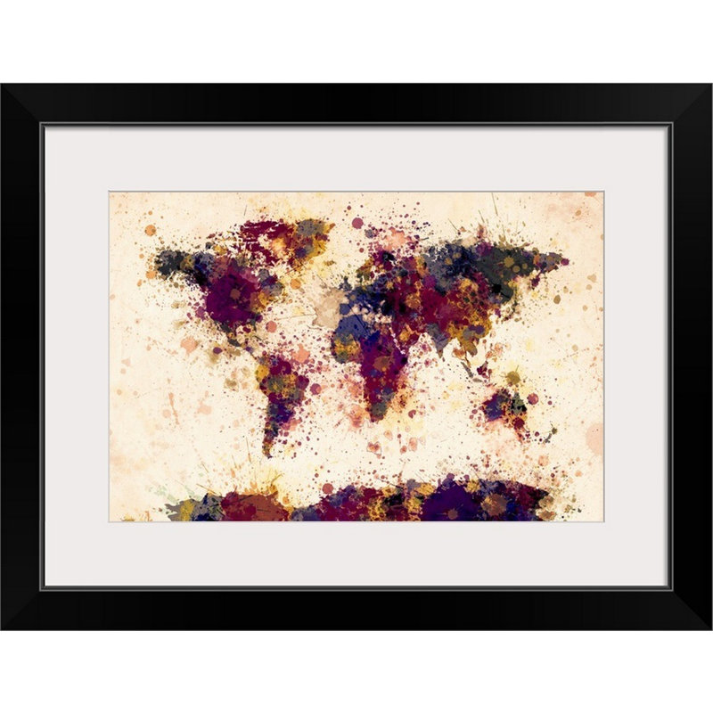 «World Map Paint Splash» par Francy, impression en jaune et bleu, H 20 po x l 26 po x P 1 po, Rouge / Bleu / Jaune
