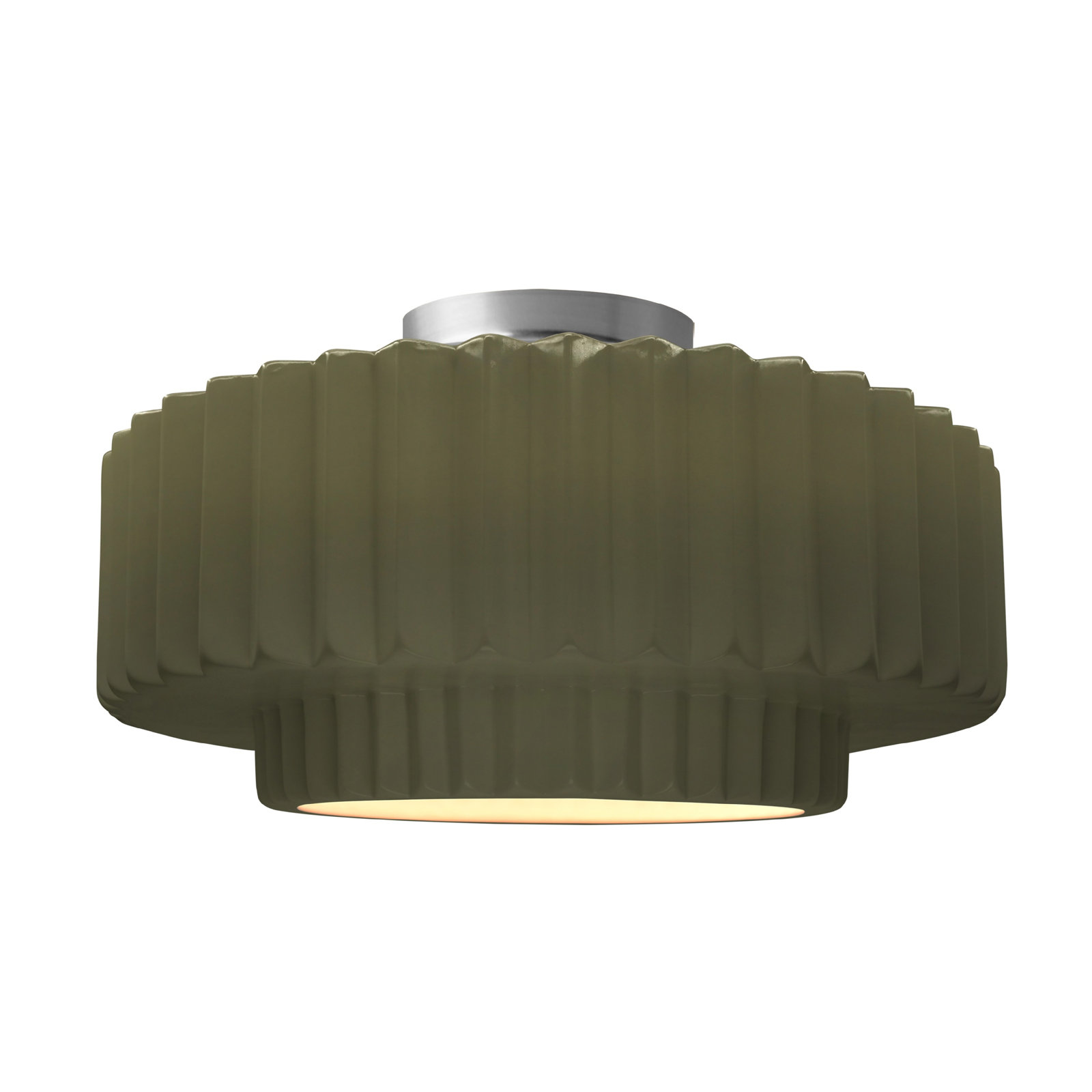 Single Light Ceramic LED Semi Flush Mount, 8" H x 16.5" W x 16.5" D, Matte Green, Brushed Nickel
