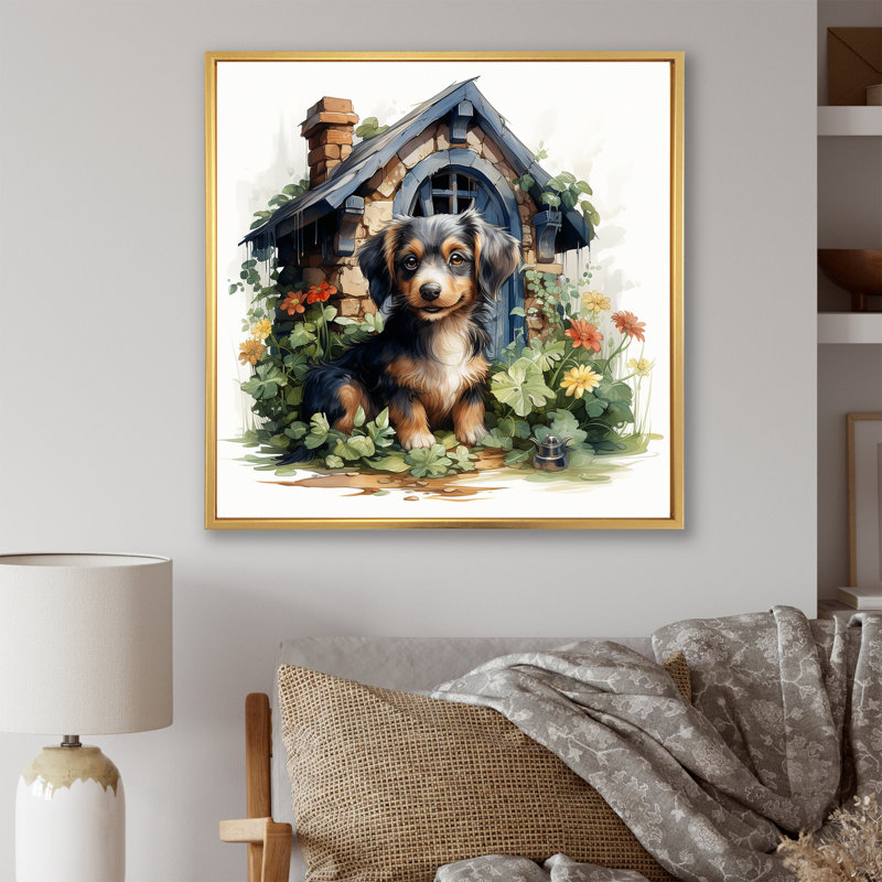 «Puppy Doghouse Blooms I», art mural chien, Cadre flottant doré, H 16 po x l 16 po x P 1 po