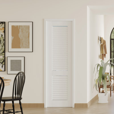 Porte intérieure à persiennes - Panneau de porte en panneau de fibres à densité moyenne blanc avec cadre réglable de style pré-suspendu et quincaillerie (porte et cadre livrés séparément)