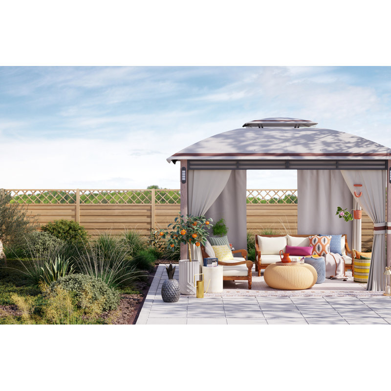 Sunjoy Beretta Outdoor Patio 11 x 13 ft. Powder-Coated Steel Frame 2-Tier Soft top Gazebo with LED Lighting and Bluetooth Sound