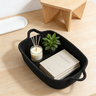 Woven Cotton Rope Storage Basket With Handles, Collapsible Organizer For Shelves, Closet, Nursery, Office & Pet Toys