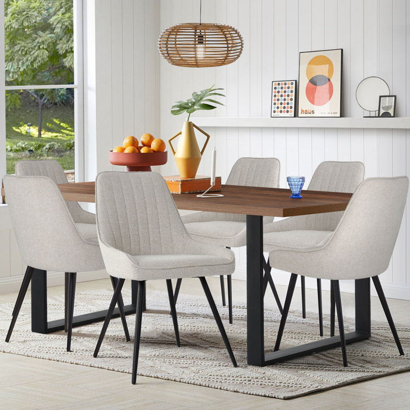 Audna 6-Person Upholstered Dining Set, Walnut, Beige