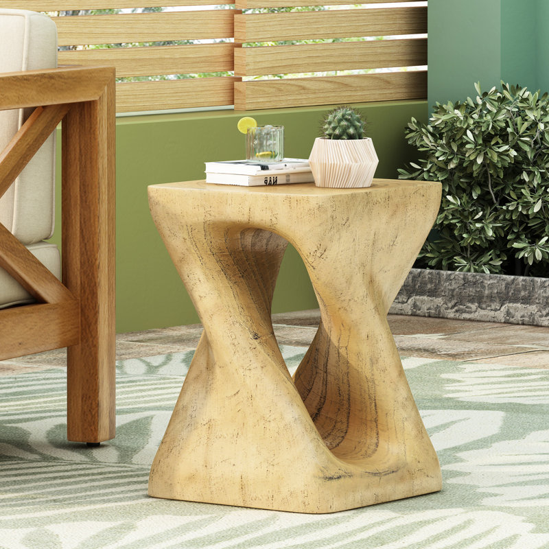 Table d'appoint au design torsadé, texture semblable au bois, couleur naturelle, intempéries, idéale pour la détente intérieure et extérieure, 11,78 po x 11,78 po x 17 po, table sans forme d'assemblage, teinte, balcon de bureau polyvalent,
