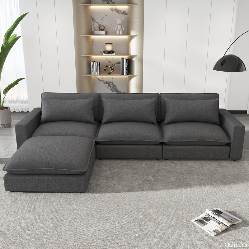 Canapé modulaire avec repose-pieds mobile, ports de charge et 3 coussins de dossier, Gris chenille