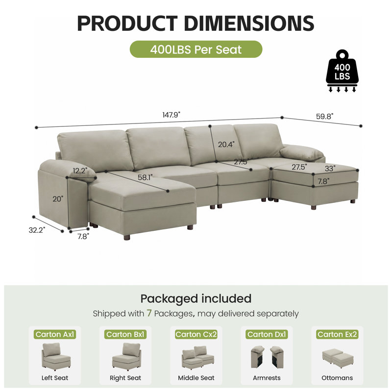 Canapé modulaire moderne avec repose-pieds en cuir de polyuréthane Marybelle Marybelle, Beige Faux Leather