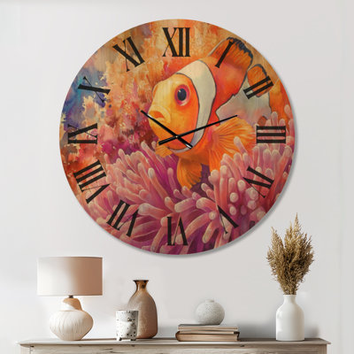 Très grande horloge murale côtière en bois - poisson clown et anémone de mer