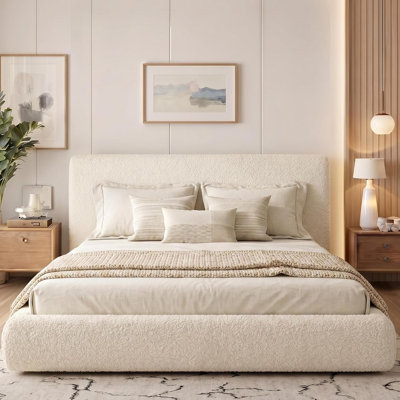 Beige Cloud Platform Bed Frame with Upholstered Headboard, Modern Plush Fabric, No Box Spring Needed, Easy Assembly, King