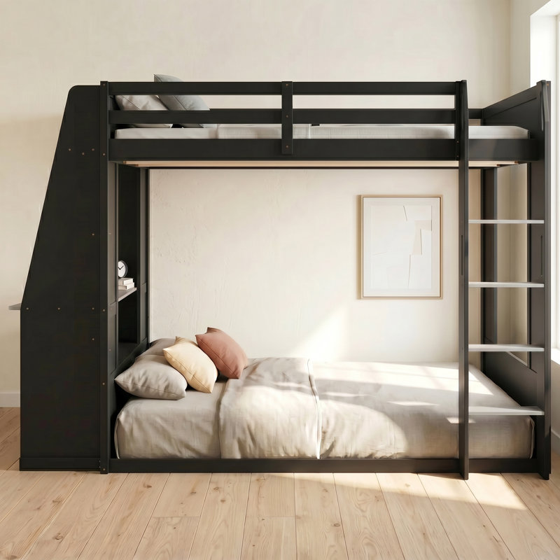 Grand lit superposé en bois avec conception inspirée des joueurs, station de jeu intégrée avec gestion des câbles, port USB et éclairage à bande à DEL, deux tablettes au-dessus, facile à assembler