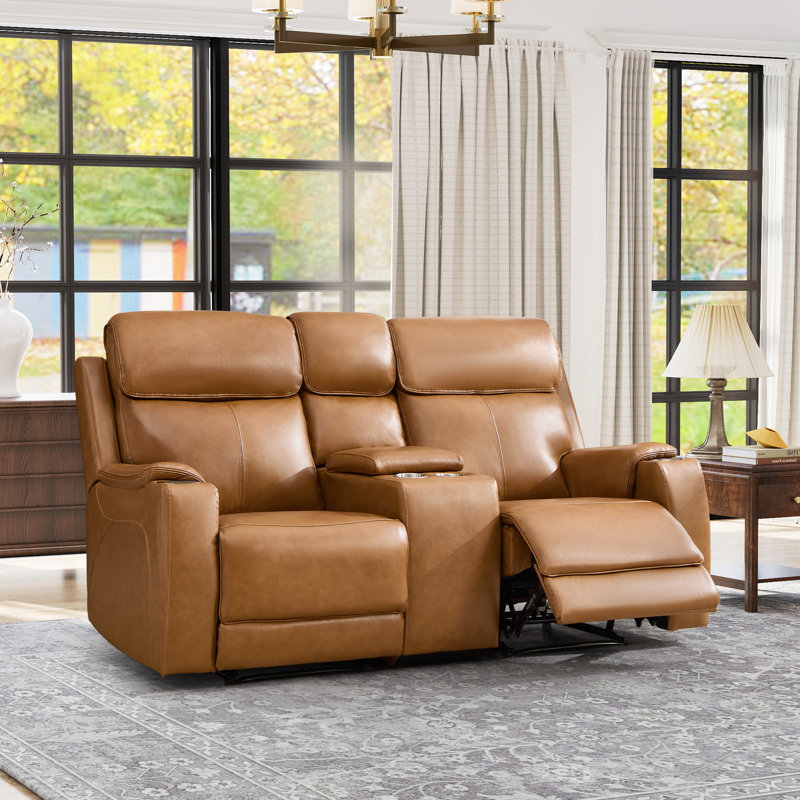72.04" W Top Genuine Leather Power Reclining Loveseat With Adjustable Headrest, Built-In Cup Holders, Console, USB & Wireless Charging(Set Of 2)