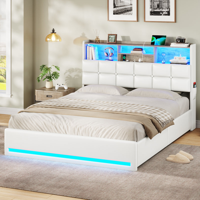LED Upholstered Platform Storage Bed with Charging Station, White, Queen