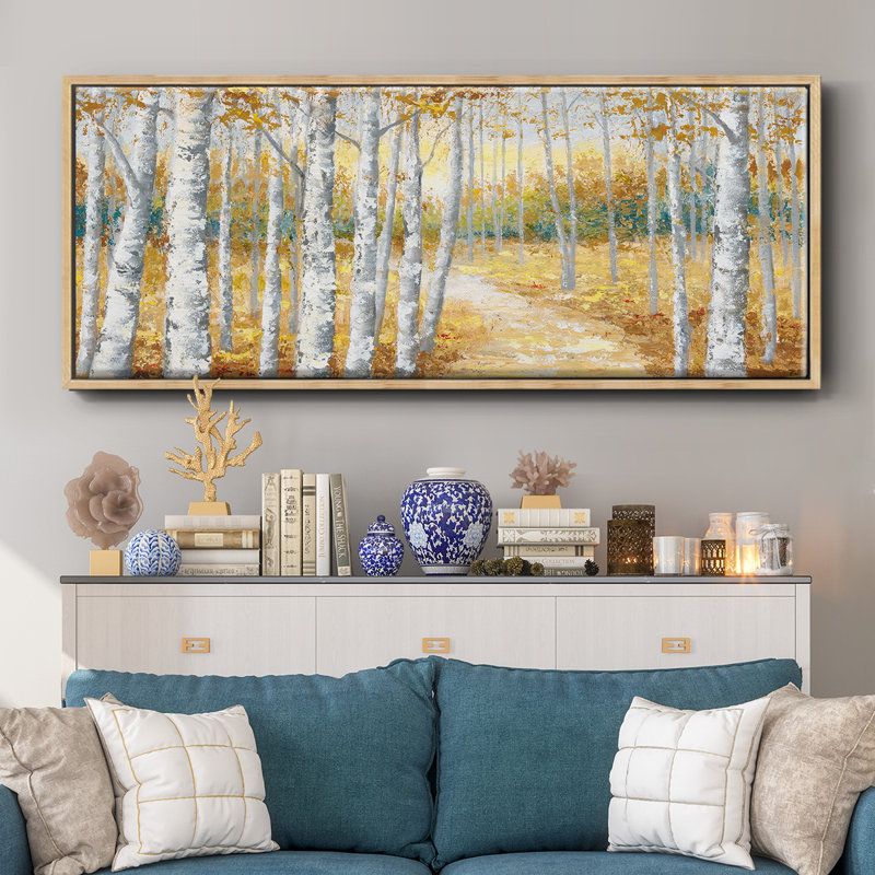 Birch Path I- Framed Canvas, 12" H x 30" W