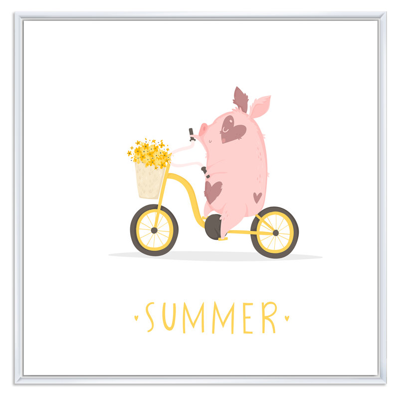 Petit cochon sur une bicyclette d'été - reproduction d'art sur toile pour enfants, H 36 po x l 36 po x P 1,5 po