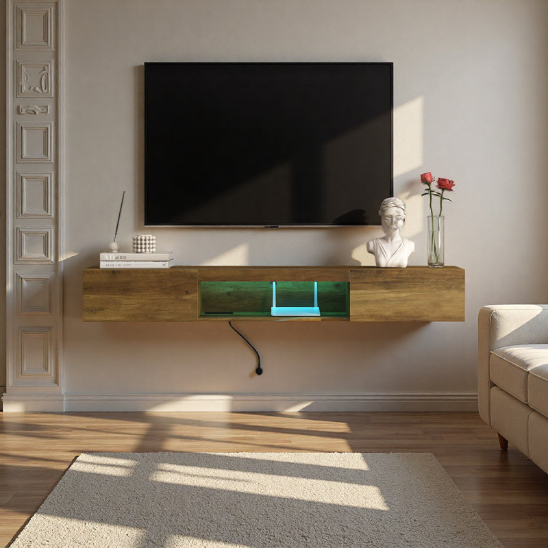 Meuble télé flottant, tablette murale avec lumières DEL et prise de courant,