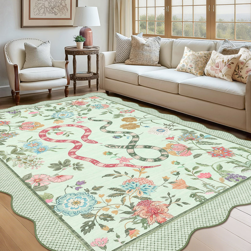 Farmhouse Floral Rug Washable Rug Non Slip Modern Scalloped Carpet, Soft Non Shedding Indoor Carpet, Low Pile Thin Foldable Printed Mat