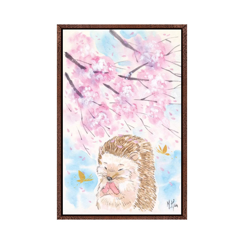 Cherry Blossom Wishes Hedgehog by Martin Hsu - Print on Canvas, 101.6 cm H x 66.04 cm W, Classic Brown Wood Framed