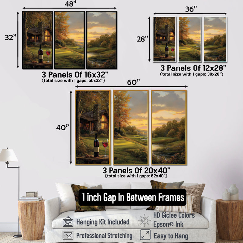 Ensemble de salon Green Golf Course With Cozy Lodge VII - Golf Wall Art, Toile avec cadre flottant noir