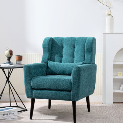 Chaise de salon moderne - sarcelle. Fauteuil ergonomique ergonomique en bois, chenille et rembourrage en mousse, pieds ergonomiques